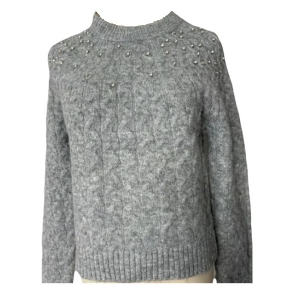 A New Day Grey Cable Knit Beaded Sweater Silver Embellished Pullover 1X NWT